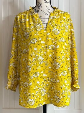 Jasmine & Juliana Sz XL Yellow Floral V-Neck Women's Blouse